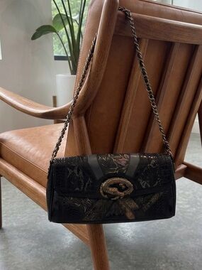 Sharif Black Snake-Embossed Shoulder Bag with Chain and Snake Buckle